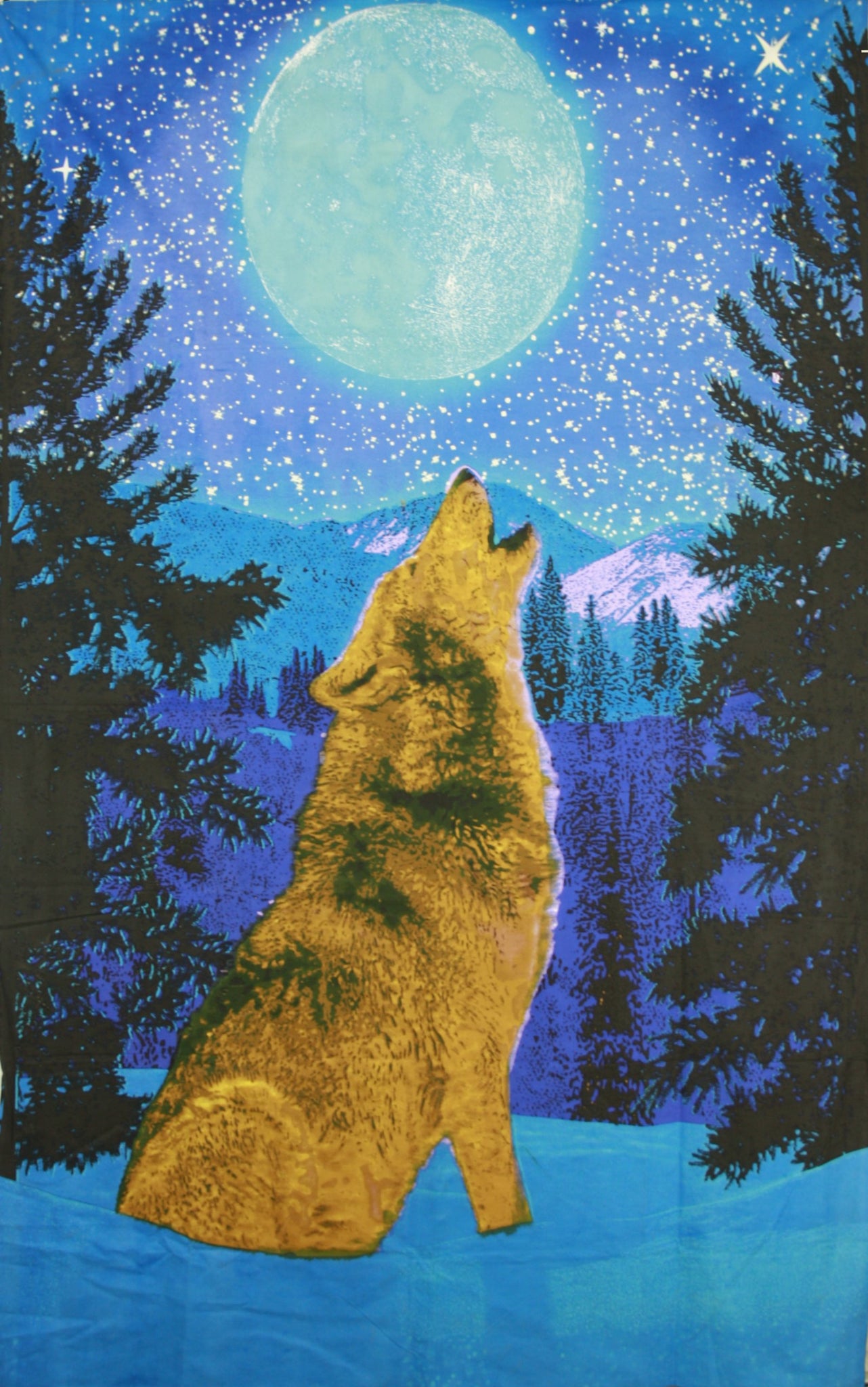 Wolf goes wow, 3-D and Glow in the dark tapestry, 60x90 inches